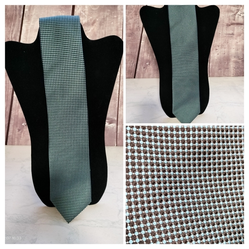 Men's Cortina Imported Silk Necktie Tie Black Blue Circle Geometric Handmade..T